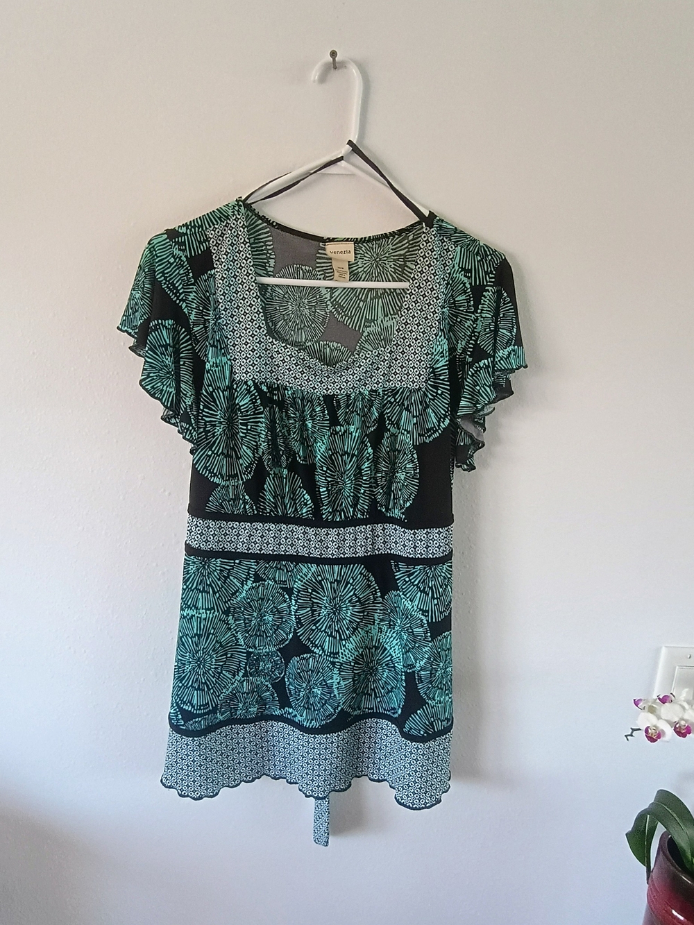 Venezia 14/16 Turquoise Black Flutter Sleeve Tie Back Boho Blouse Top